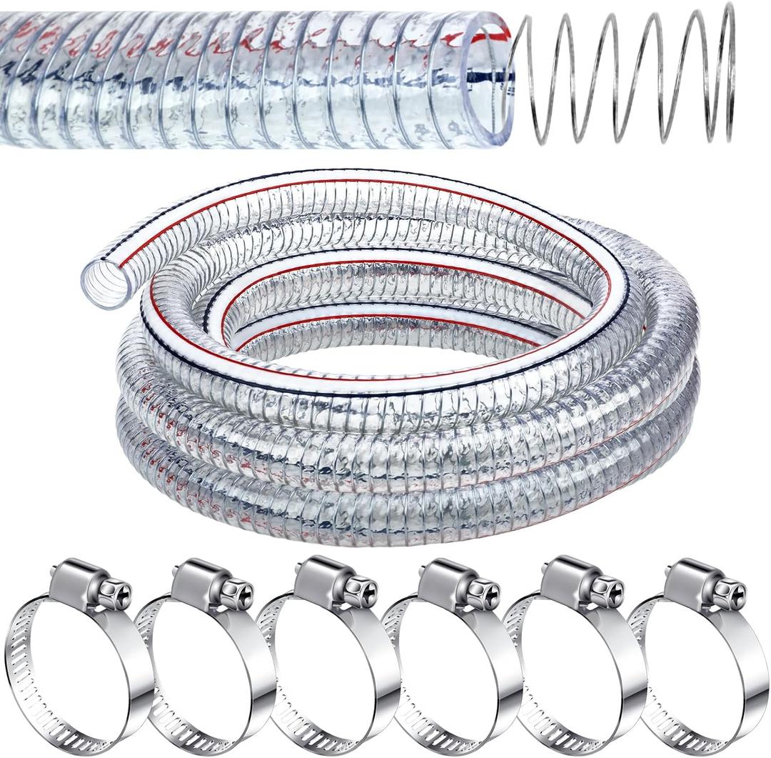 Frienda Heavy Duty Steel Wire Flexible Tubing with Fasteners PVC High Pressure Oil Drain Hose Tube Clear Wire Reinforced for Pond Marine Bilge Pump Garden Pool Vacuum Suction Hose(10 Ft, 3/4 Inch Id)