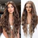 testar 136 Lace Front Wig Long Brown Wavy Wigs for White Women Middle Part Brown Mixed Blonde Water Wave Synthetic Heat Resistant Fibre Wig for Daily Use 26 IN