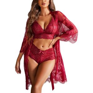 Avidlove Women Sexy Lingerie Set 3 Piece Bra and Panty Sets with Lace Kimono Robe Sleepwear Mesh Nightgown (Medium, Wine Red)