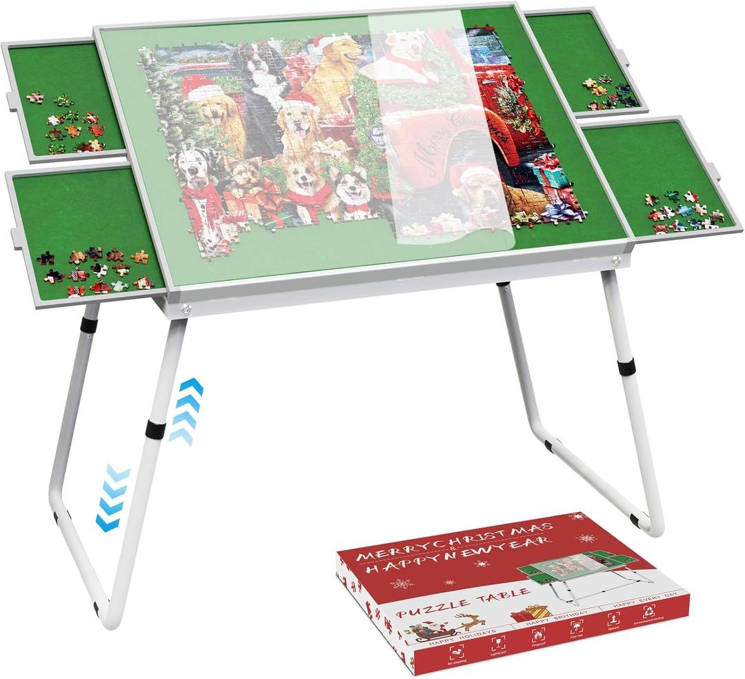 Jigsaw Puzzle Table Adjustable Height-18,28inch,3 in 1 Design 35"26" Metal Puzzle Table with Legs Aluminium for Adluts and Kids,Foldable with Drawers,Felt,and Cover (Green)