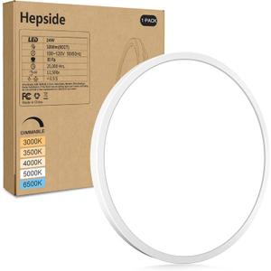 hepside 1Pack LED Flush Mount Ceiling Light Fixture, 12Inch 24W, Dimmable&3000K/3500K/4000K/5000K/6500K Adjustable Low Profile Ceiling Lights, White Round Flat Ceiling Light for Closet,Kitchen,Hallway