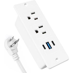 Recessed Power Strip USB, 20W Fast Charging Furniture Outlet - 2 AC & 3 USB (2 USB-C + 1 USB-A) for Desk, Bedside, Drawer, Conference Table - Space-Saving, Easy Install, 6FT Cord, White