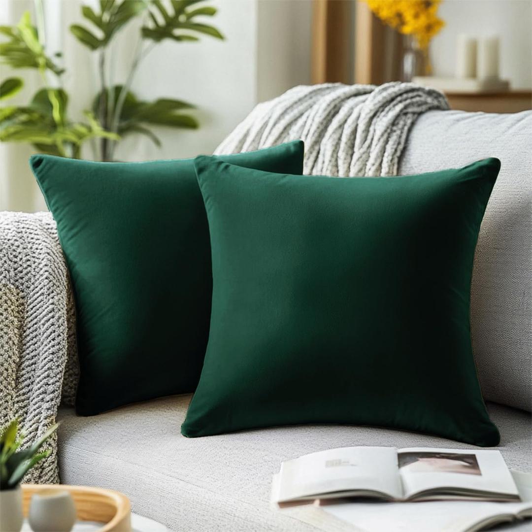 QUORGVES Green Velvet Pillow Covers 22x22 Inch Set of 2, Soft Solid Decorative Square Throw Pillow Covers, Decor Cushion Covers for Bed Sofa Couch Bedroom Living Room - Dark Forest Hunter Emerald