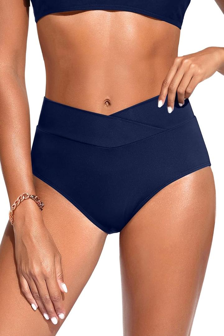 Women V Cut Bikini Bottoms - High Waisted Full Coverage Swimsuits Cross Front Bathing Suit Bottoms 2026 (Large)