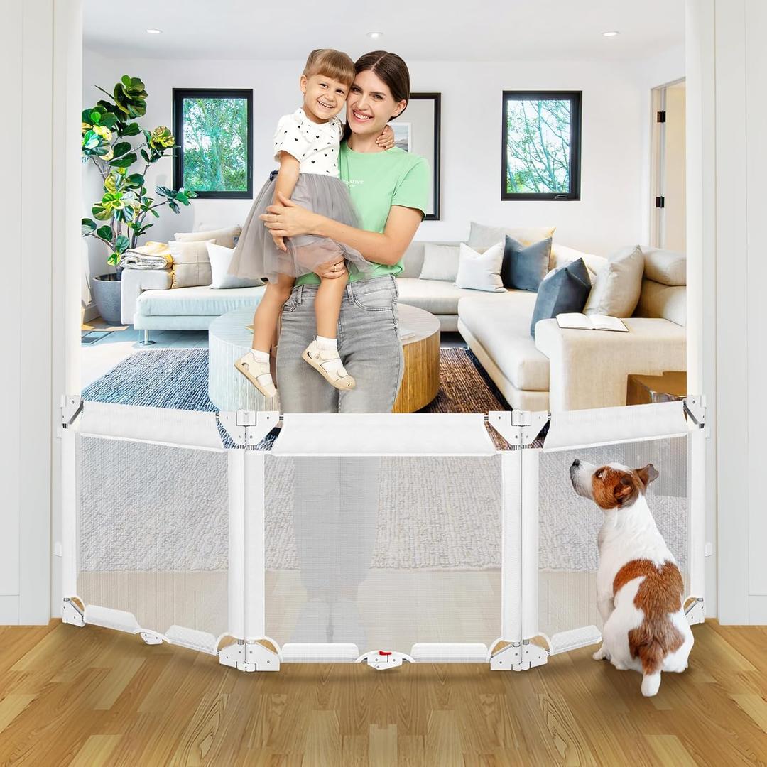 27.5 Inch Tall Foldable Dog Gate Step Over Pet Gate, 27.5"-83" Wide Adjustable Width & Angle Expandable Gate, 3 Panel Foldable Baby Gate Small Dog Gate, Indoor Baby Fence Gate Mesh Puppy Gate, White
