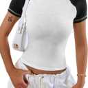 LilyCoco Women's Raglan Sleeve Tops Baby Crop Tees Color Block Crew Neck T Shirt White Small (S)
