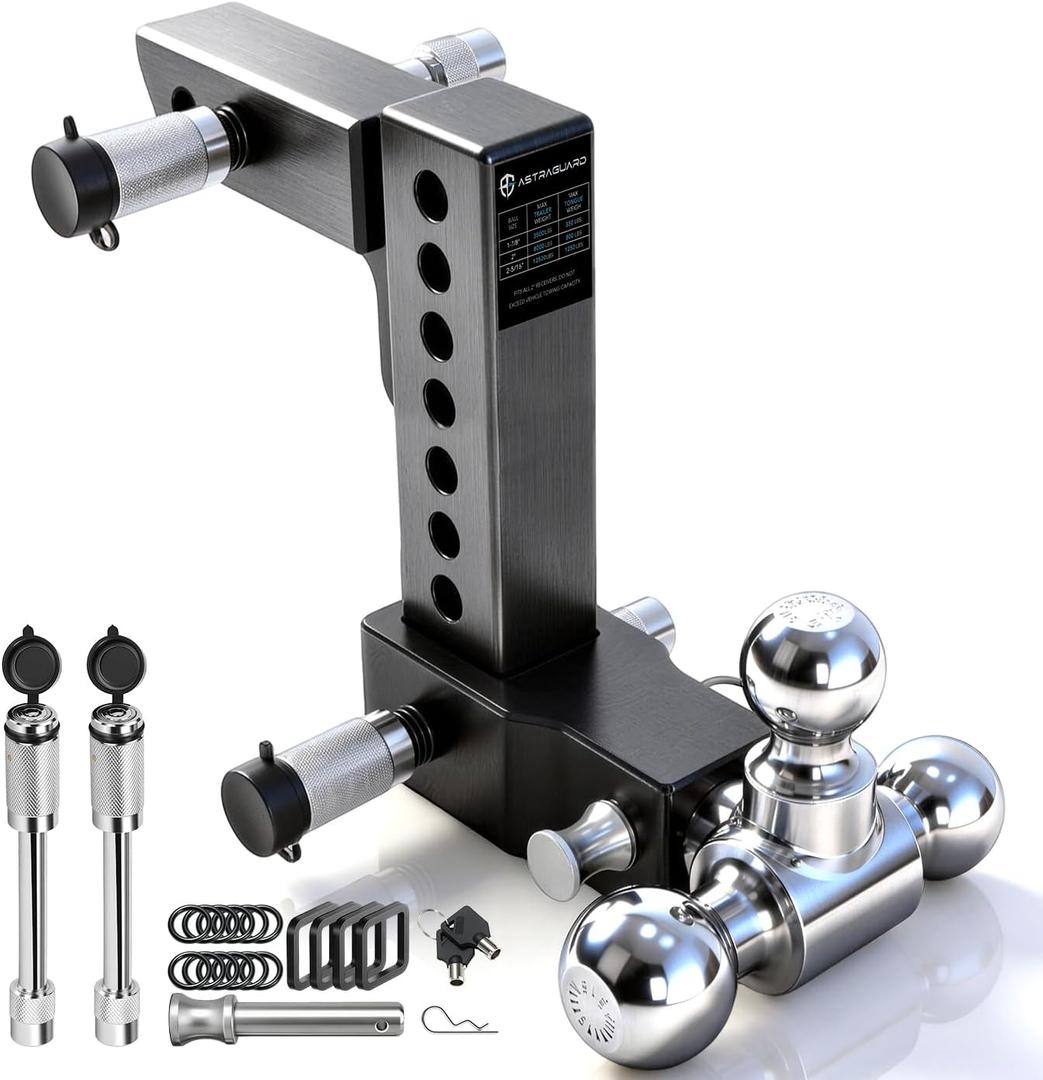 Adjustable Trailer Hitch Fit 2 Inch Receiver, Tri-Ball (1-7/8", 2", 2-5/16") Heavy Duty Aluminum Tow Hitches with 8 Inch Rise/Drop for Truck (12500 LBS GTW)-Weatherproof & Anti-Theft