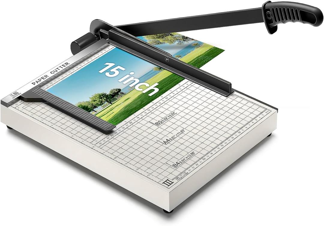 15 inch Guillotine Paper Cutter, LOTHANEK Heavy Duty Metal Base Cutting Machine B4 Paper Trimmer with Guide Ruler, Cutting 15 Sheets for Commercial Home Office