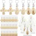 Hicarer 30 Pcs Baptism Key Ring Bautizo Recuerdos De Bautizo Para Cross Wooden Keychain with Organza Gift Bags Baptism Favor (White Pearls) (White Pearls)