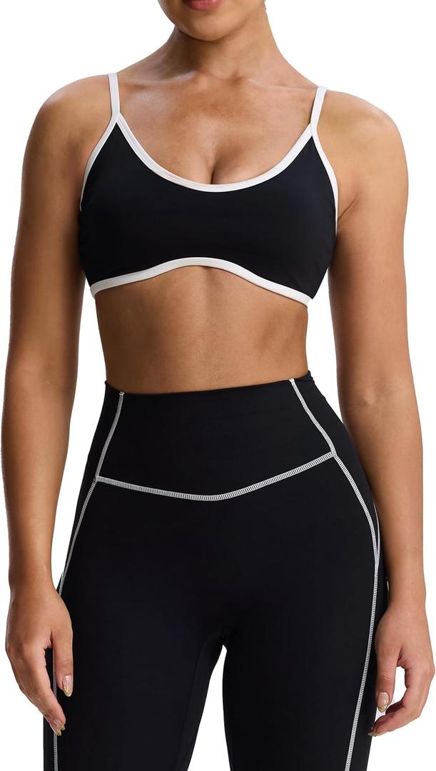 Aoxjox Women's Color Block Workout Sports Bras Fitness Lexi Lined Strappy Bra Athletic Yoga Crop Tank (Large, Black and White)