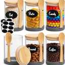 BAMBOO LAND- Glass Jars with Bamboo Lids and Spoons Set, 19 Oz, Set of 6, Glass Containers with Bamboo Lids Airtight for Loose Tea, Brown Sugar, Candy, Nuts