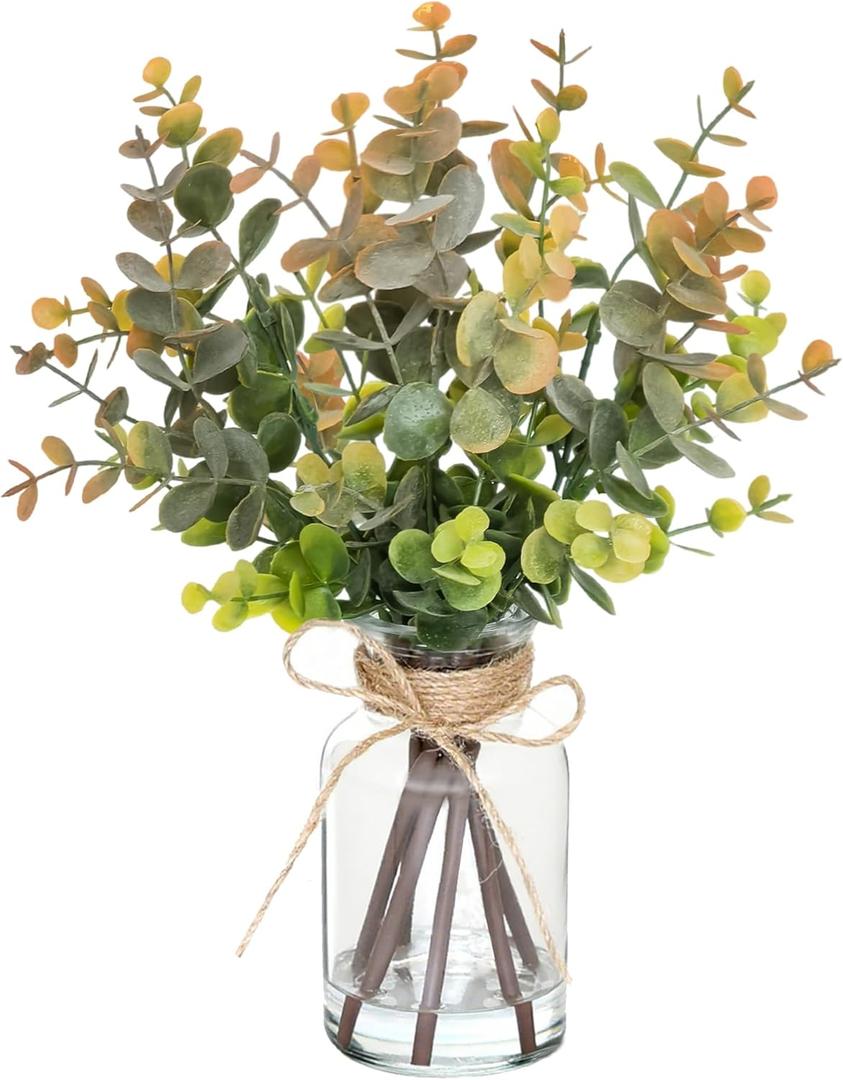 Artificial Eucalyptus Stems in Vase with Faux Water,Fake Plants for Bathroom,Coffee Table,Green Leaves for Centerpiece,Faux Greenery Plants Decorations.(Eucalyptus-Greyish Orange)