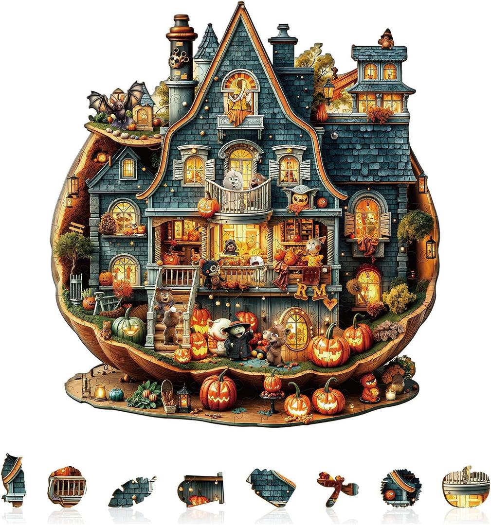 Jigfoxy Wooden Puzzles for Adults, Halloween Cottage Wood Puzzles Adult, Unique Animal Shape Wooden Jigsaw Puzzles for Adults, Birthday Gifts for Puzzle Lovers, Family, Friend (M-11.4*10.4in-185pcs) (Bear's House)