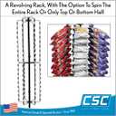 Clip Strip Free Standing Spinner Retail Display Rack Corp, 68.5" H,108 Total Clips, 4" Top Wire Sign Holder, 12 Rotating Rods each w/ 9 Heavy Duty Genuine Coil Spring Clips, 24" W Base, Black