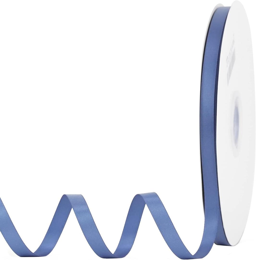 MEEDEE Blue Ribbon 3/8 Inch Smoke Double Faced Satin Silk Dusty Wedding Ribbon for Gift Wrapping, Hair, Lei Making, Card Making, 100 Yards