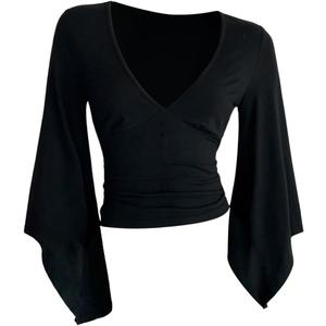 BEAUDRM Women's Y2k Tops Cinched Waist Bell Sleeve Top Deep V Neck Ruched Fitted Rave Party Tee Tops (Black, M)