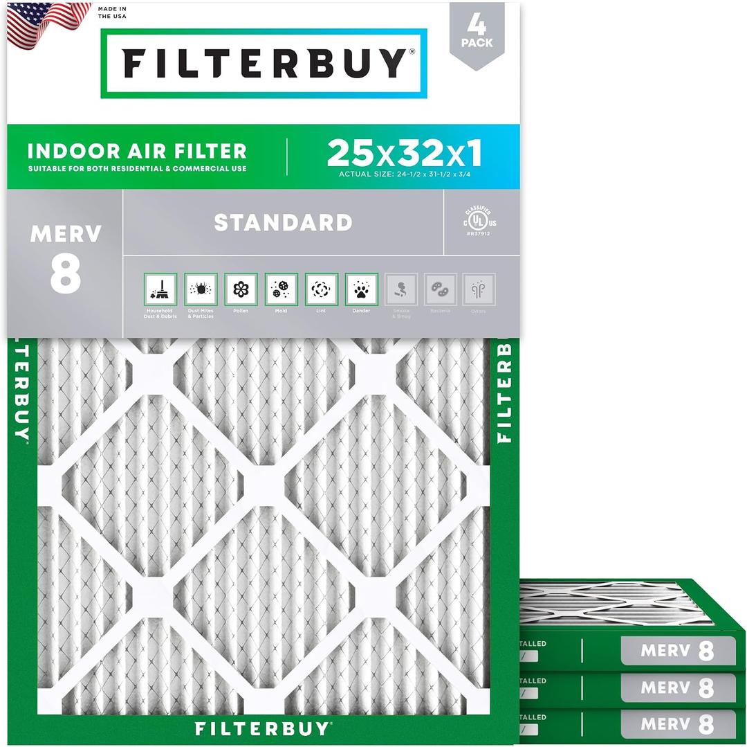 Filterbuy 25x32x1 Air Filter MERV 8 Dust & Allergy Defense (4-Pack) | Electrostatic Pleated HVAC AC Furnace Filters Replacement, Made in USA (Actual Size: 24.50 x 31.50 x 0.75)