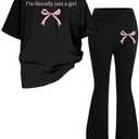 Verdusa Girl's 2 Piece Bowknot Outfits Short Sleeve Graphic Tees with Flare Pants Set,Size 8Y