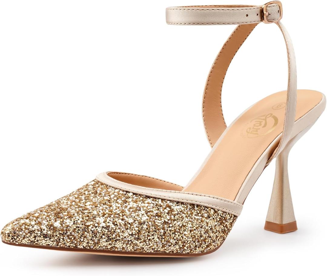 Trary Heels Women Pumps Closed Toe Ankle Strap Pointed Toe Heeled Sandals for Women Stiletto Wedding Dress Shoes (7, Gold)