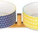 Selamica Ceramic 14 OZ Dog Bowls with Wooden Stand, Anti-Slip Cat & Small Dog Dishes Set, Weighted Pet Bowls Set of 2, Assorted Color