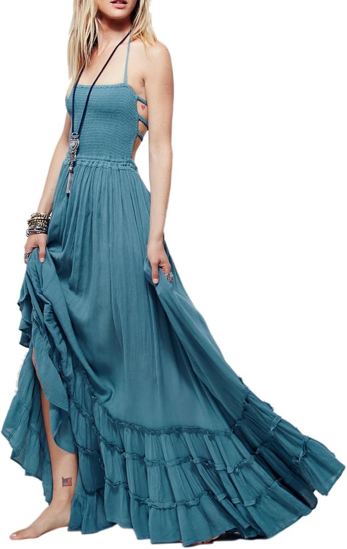 R.Vivimos Womens Summer Boho Sexy Backless Long Dresses (Size Small, Blue)
