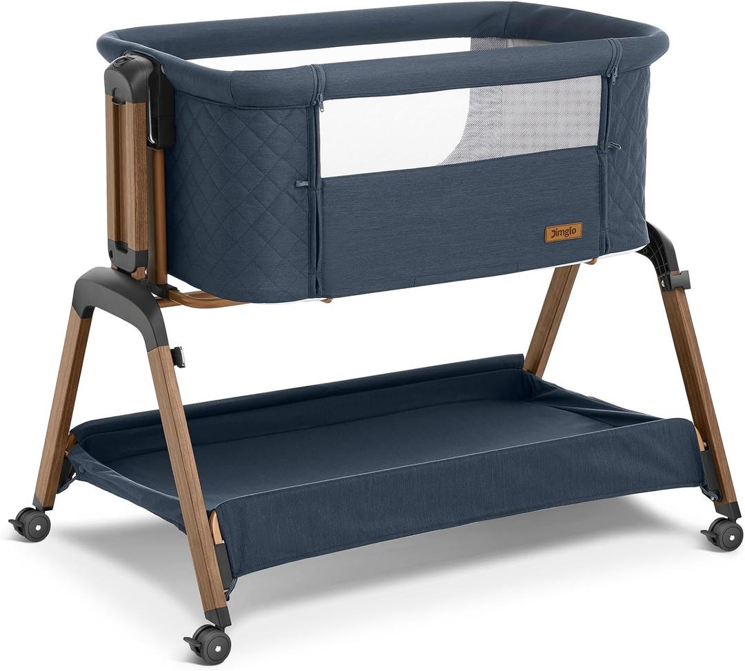 Jimglo 3 in 1 Baby Bassinet, Rocking Bassinets with Comfy Mattress and Wheels, Adjustable Height Bassinet Bedside Sleeper, Easy Folding Portable Crib for Newborn (Navy Blue)