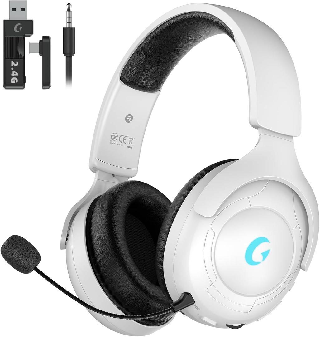 Wireless Gaming Headset for PS5/PS4,PC,Switch,Mac, 2.4GHz Gaming Headset with Mic, 45H Battery, Surround Sound, Noise Cancelling Over Ear Headphones Bluetooth 5.3, for Xbox Needs 3.5mm Cable - White