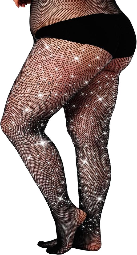 SUREPOCH Powerhouse Sturdy Radiant Rhinestone Fishnet Stockings, Plus Size Tights Club Outfits for Women (Medium-X-Large, Black)