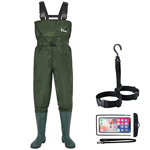 Ouzong Bootfoot Fishing Chest Waders for Men Women with Boots 2-Ply Nylon/PVC Waterproof Hunting Waders with Boots Hanger (Green-011)