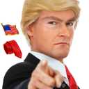 ALLAURA 3pc Donald Costume Kit  Blonde Wig, Red Tie, Flag Pin  Compatible with Pres Donald Wig Halloween Costume for Adults, Couples, Cosplay, Political Events, Parody Outfits, Toupee Wig Look