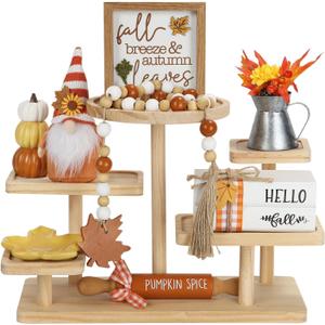 Thanksgiving Decorations for Home 8PCS Tiered Tray Decor Set, Tabletop Fall Thanksgiving Decor for Shelf Mantel Fireplace Office Desk Coffee Bar Table Centerpieces Pumpkin Farmhouse Wood Sign