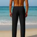 PIDOGYM Mens Cotton Linen Pants, Summer Beach Pants Casual Loose Fit with Elastic Waist Drawstring (Black, S)