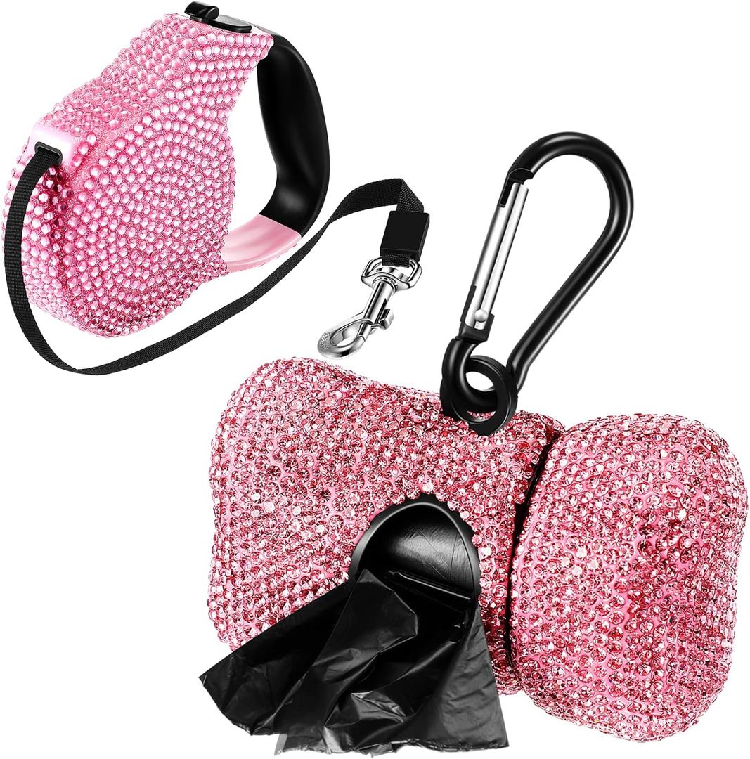 LEIFIDE 2 Pack Rhinestone Retractable Dog Leash and Bag Holder Set Pink Bling Bone Shaped Pet Waste Bags Dispenser with Metal Clip Heavy Duty Dog Leash for Most Puppy