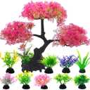 SLOCME Pink Cherry Blossom Tree Aquarium Decor Set  10 Pcs Artificial Plastic Plants for Fish Tanks, Betta & Goldfish Hiding Accessories, Realistic & Safe Aquarium Decorations (Pink)