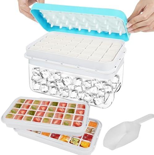 Joliyoou Ice Cube Tray with Lid and Bin, 64 PCS Silicone Ice Lattices on 2 Trays with A Scoop, Easy Release Stackable Ice Cube Molds with Large Capacity Storage Container for Freezer