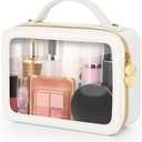 Clear Makeup Bag, Portable Travel Cosmetic Bags, Multipurpose Leather Toiletry Bag with Zipper, Waterproof Transparent Cosmetic Organizer for Women, Medium, Beige