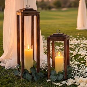 Set of 2 Large Wooden Farmhouse Candle Lanterns Kit, 26''/16'' | No Glass,Wooden Lantern with LED Candles & Eucalyptus Wreath, Decor for Outdoor Indoor Home Table Floor Fireplace Porch