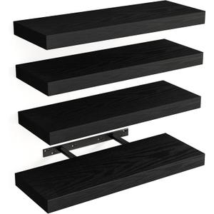 Fixwal Floating Shelves for Wall, Wall Mounted Rustic Wood Shelves for Bathroom, Living Room, Bedroom and Kitchen, Wall Shelves for Storage,Books,Room Decor (Black, Set of 4, 15.8 Inch)