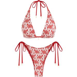 ZAFUL Women's Triangle Bikini Multiway Fishnet Tie Side Bandeau Halter String Bikini Set Two Piece Swimsuit Bathing Suits (Medium, 6-floral Red)