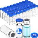 50 Pcs 3ml Sealed Sterile Empty Vials with Self Healing Injection Port Clear Glass Empty Vials with Plastic-aluminum Flip Cap and Rubber Injection Stoppers Flat Bottom Lab Vial (Blue Lid)