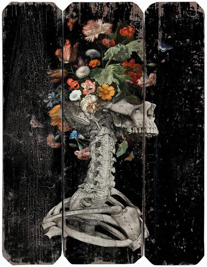 Flooreal Gothic Wall Art Home Decor Skeleton Picture Floral Sugar Skull Painting H16inch Black Dark Eclectic Wood Prints with Spooky Flower Aesthetic Vintage Style Artwork Plaque for House 1pc