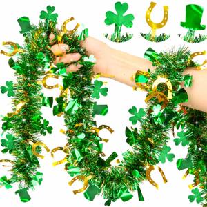 50FT St Patricks Day Decorations Garland Gold Horseshoe Green Hat Shamrock Tinsel Garland, Shiny Metallic Hanging Shamrock Decor Saint Patricks Day Decor for Home Indoor Outdoor Irish Party Supplies