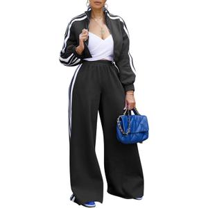 Akmipoem Sweatsuits Women 2 Piece Outfit Striped Tracksuit Long Sleeve Zipper Crop Jacket Wide Leg Sweatpants Set (Black, L)