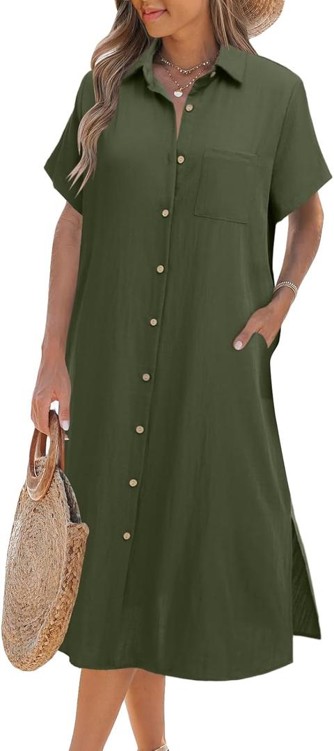 Zeagoo Womens Dress Summer Casual Short Sleeve Button Down Shirt Dresses Beach Cover Up with Pockets (Medium, A02-army Green)