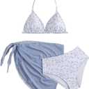 Milumia Girl's 3 Piece Bikni Set Ditsy Floral Halter Swimsuit with Cover Up Skirts (Blue), Size 11Y