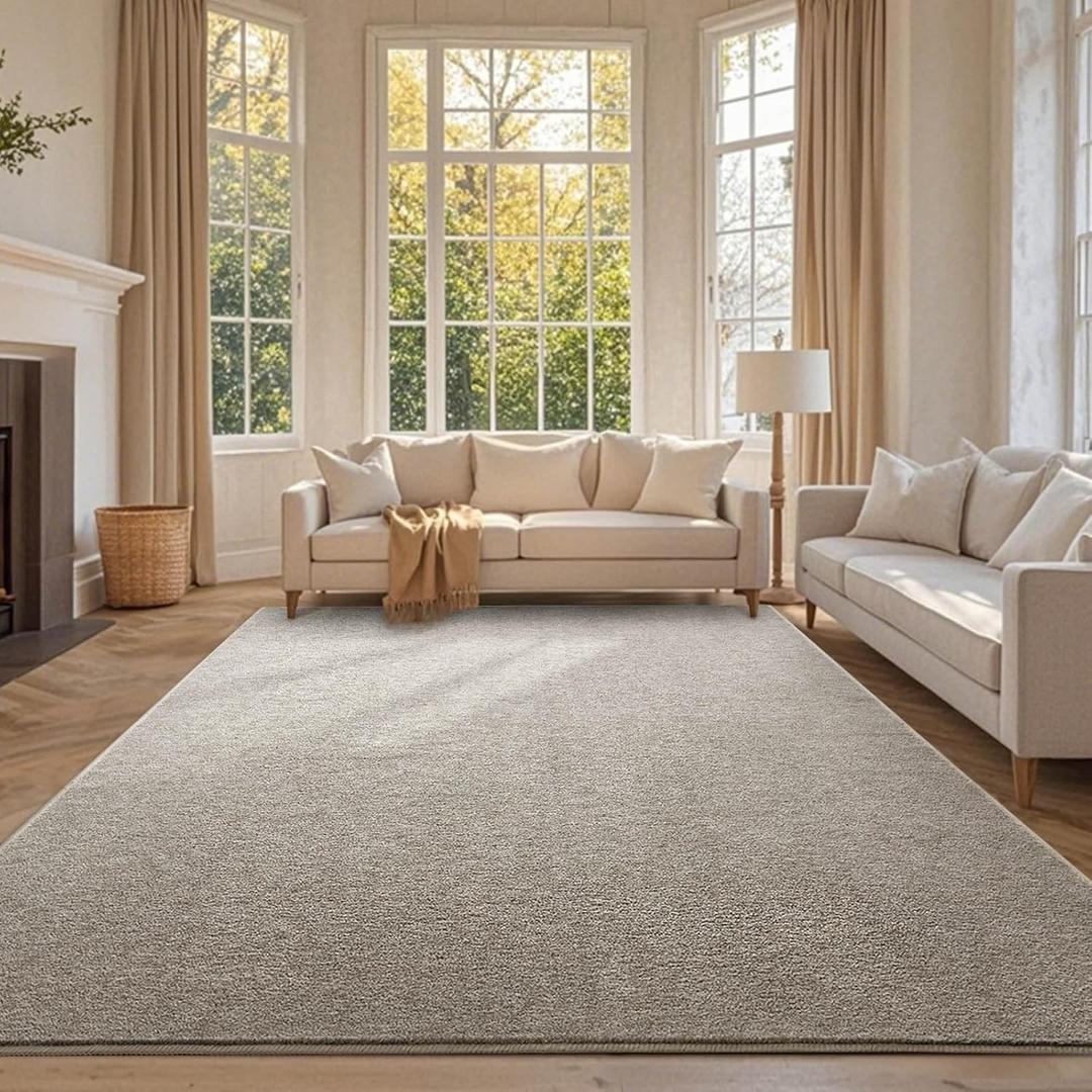 FinRec 6x9 Washable Area Rugs for Bedroom Living Room, Low Pile Thin Rug Solid Color, Non-Slip Carpet Indoor for Home Decor (Greige/White)