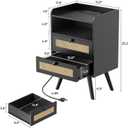 SUPERJARE 2 Drawer Night Stand with Charger Station, Boho Rattan Nightstand Set of 2, 25.2 Inch Tall Bed Side Table with Solid Wood Feet, End Table, Open Storage, Synthetic Rattan, for Bedroom, Black, 11.8"D x 15.8"W x 25.2"H