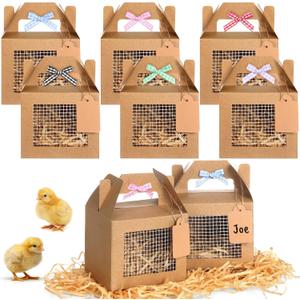 Easter Chicken Favor Boxes Adopt Chick Party Decoration Farm Animal Foldable Treat Goodie Boxes with Raffia Bow Window Screen Tags Chicken Coop Party Supplies for Adopt Chick Farm Birthday 12 Pcs