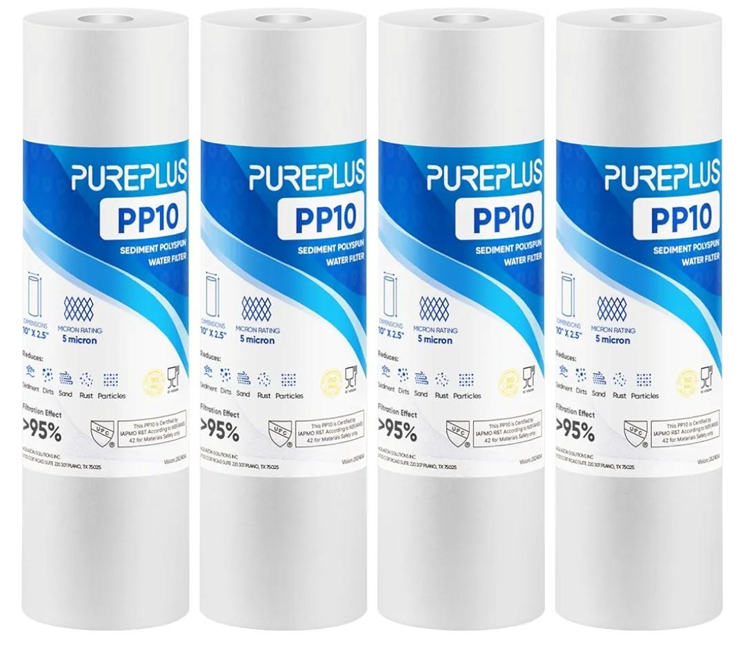 PUREPLUS 5 Micron 10" x 2.5" Whole House Sediment Home Water Filter Cartridge Replacement for Any 10 inch RO Unit, Culligan P5, Aqua-Pure AP110, Dupont WFPFC5002, CFS10, WHKF-G05, 4Pack