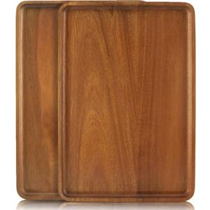 2 PCS Solid Acacia Wood Serving Trays 16 * 12 inch Rectangular Wooden Serving Platters Natural Wooden Boards for Bar Coffee Party (Brown)